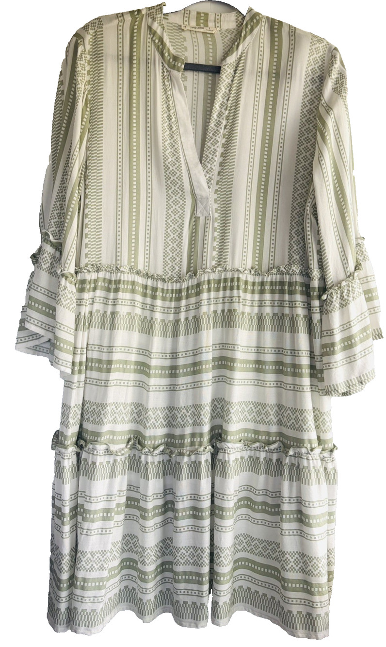 Salty Lemon Dress Womens Size L Green White Stripe Boho Bell Sleeve Ruffle